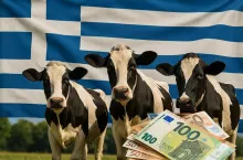Trzy krowy na tle flagi Grecji i banknotów euro. Ilustracja odnosi się do rekordowej korekty finansowej nałożonej przez Komisję Europejską na Grecję za nieprawidłowości w wypłatach dopłat bezpośrednich w latach 2016–2022.