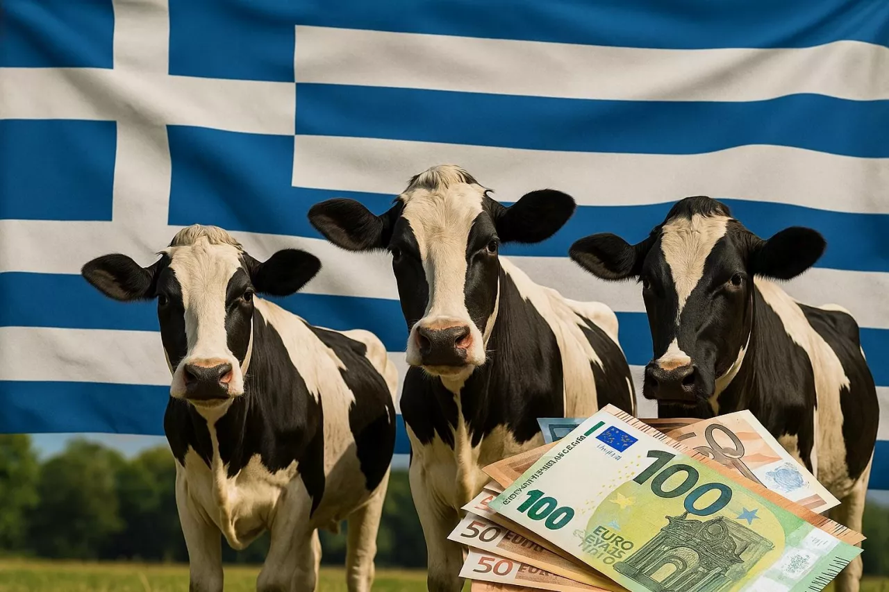 Trzy krowy na tle flagi Grecji i banknotów euro. Ilustracja odnosi się do rekordowej korekty finansowej nałożonej przez Komisję Europejską na Grecję za nieprawidłowości w wypłatach dopłat bezpośrednich w latach 2016–2022.