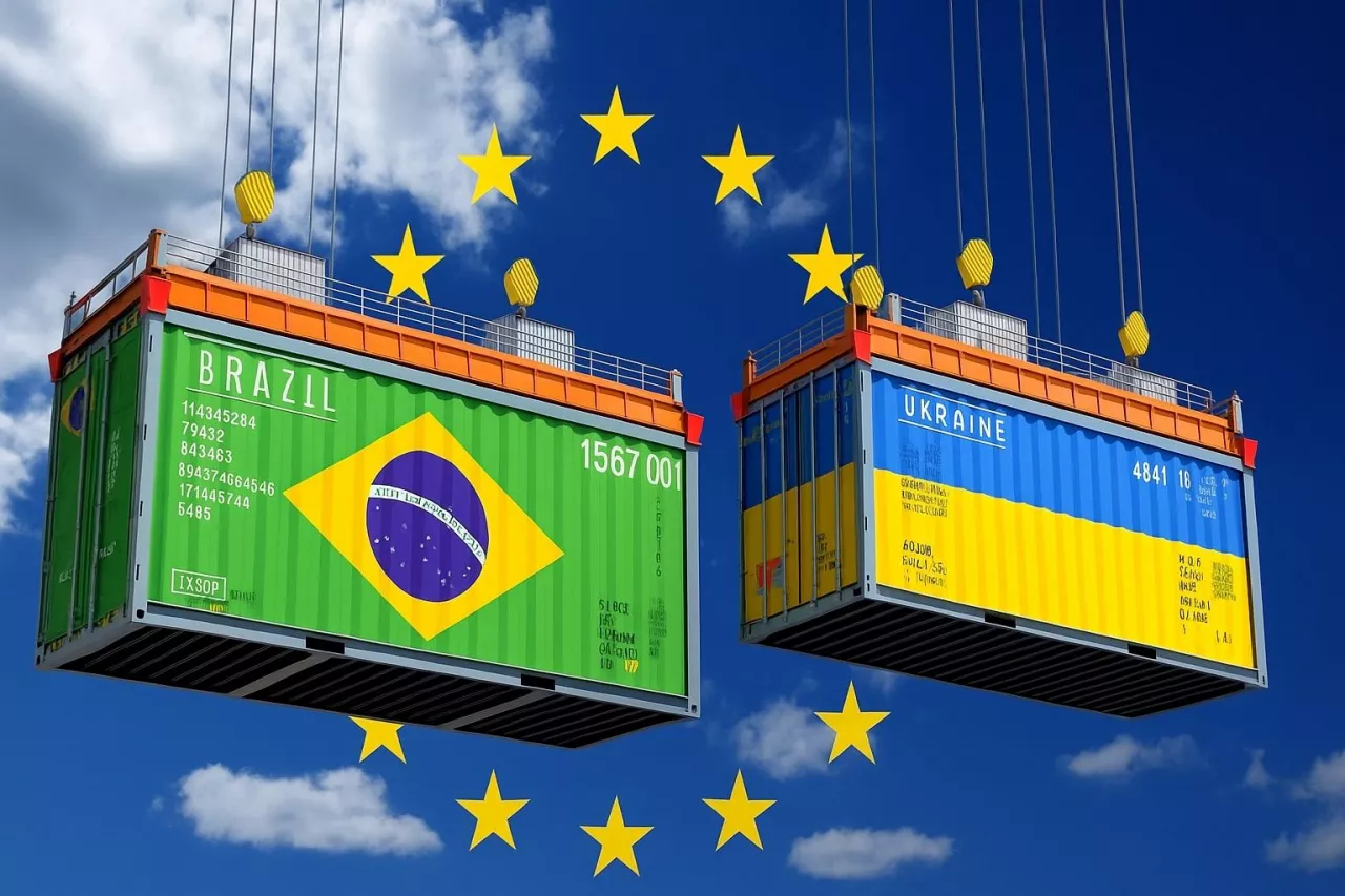 Ilustracja przedstawia dwa kontenery transportowe – zielony z flagą Brazylii i niebiesko-żółty z flagą Ukrainy – unoszące się na tle nieba z gwiazdami symbolizującymi Unię Europejską. Grafika symbolizuje rosnącą presję handlową wywieraną na europejskie rolnictwo w kontekście umów z krajami Mercosur i liberalizacji importu z Ukrainy.