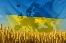 Flaga Ukrainy z mapą Europy na tle pola pszenicy. Symboliczne przedstawienie rosnącego eksportu produktów rolnych z Ukrainy do Unii Europejskiej w związku z nową umową handlową (DCFTA).