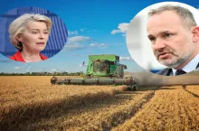 Kompozycja fotograficzna przedstawiająca przewodniczącą Komisji Europejskiej Ursulę von der Leyen oraz europosła Krzysztofa Hetmana na tle pracującego kombajnu w czasie żniw. Symboliczne zestawienie rolnictwa z polityką unijną.