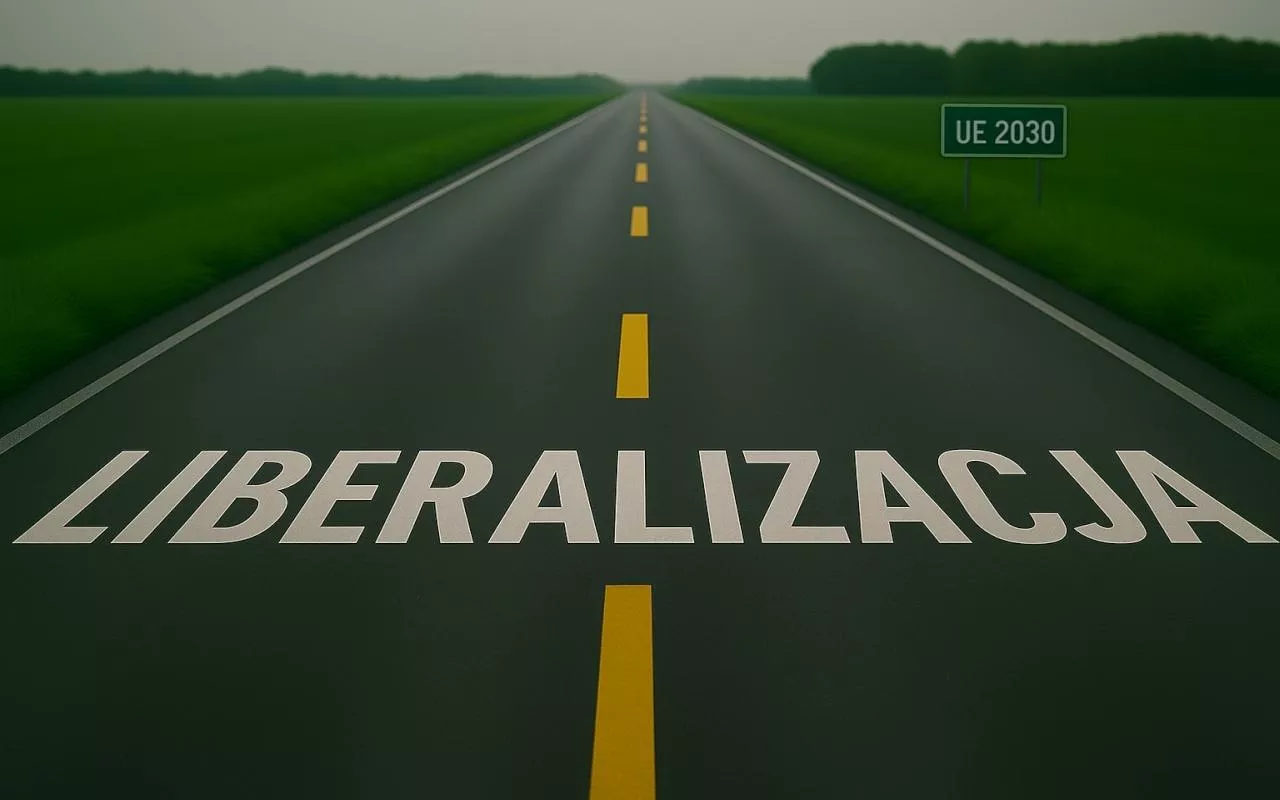 Fotorealistyczna grafika przedstawia asfaltową drogę biegnącą przez pola z napisem ”LIBERALIZACJA” oraz znakiem drogowym ”UE 2030” w oddali. Obraz symbolizuje proces liberalizacji handlu rolnego między Ukrainą a Unią Europejską i możliwe przyszłe członkostwo Ukrainy w UE.