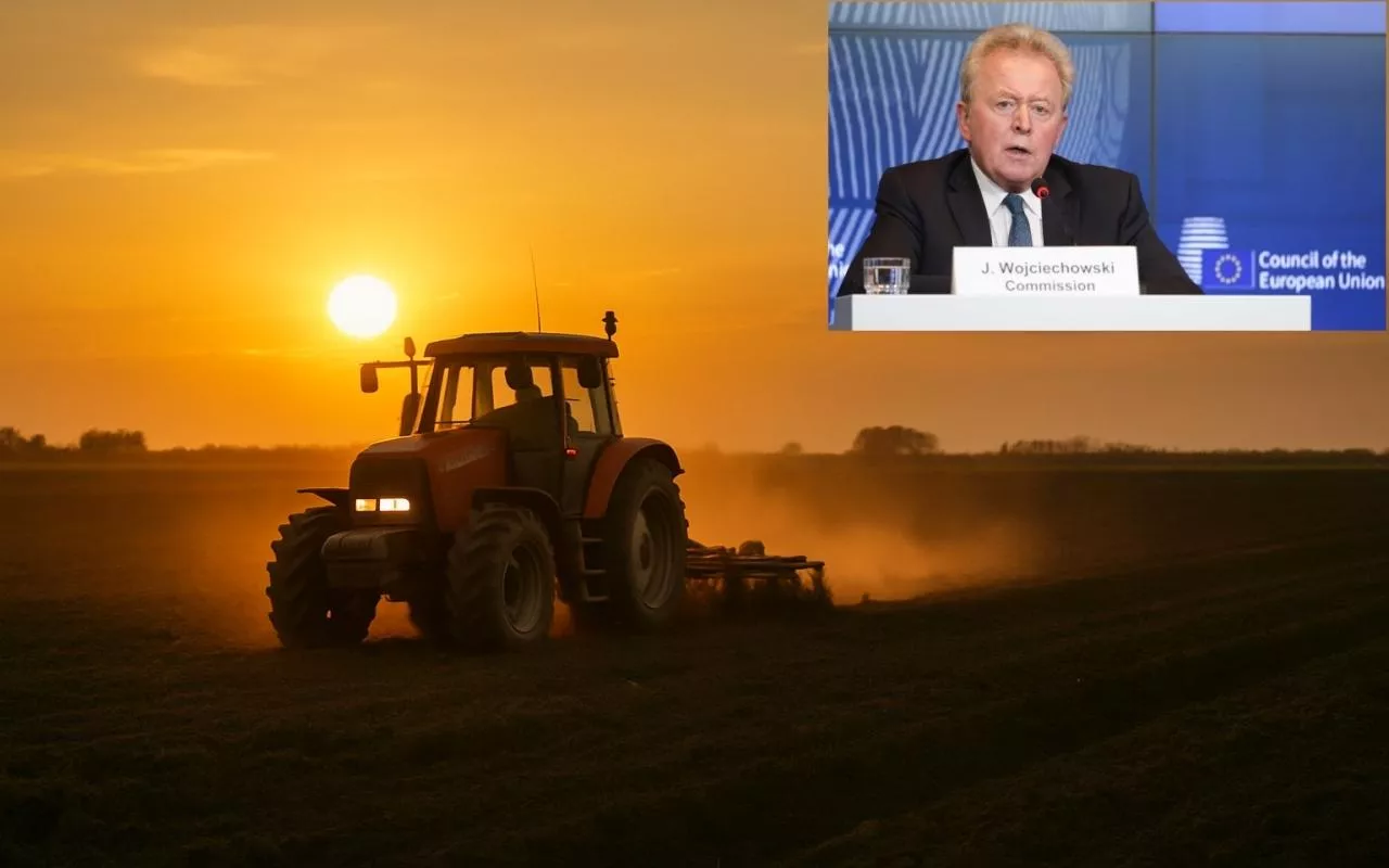 Fotomontaż przedstawiający rolnika pracującego w polu o zachodzie słońca, z nałożonym zdjęciem byłego komisarza UE ds. rolnictwa Janusza Wojciechowskiego. Grafika ilustruje temat likwidacji filaru rozwoju obszarów wiejskich w ramach Wspólnej Polityki Rolnej.