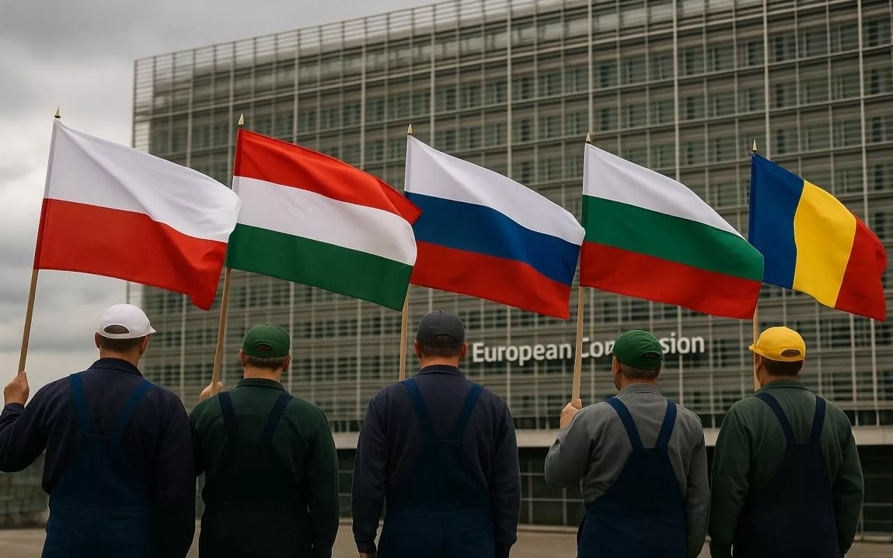 Zdjęcie przedstawia pięciu rolników widzianych od pleców, każdy z flagą swojego kraju – Polski, Węgier, Słowacji, Bułgarii i Rumunii – stojących przed budynkiem Berlaymont w Brukseli. Flagi powiewają na wietrze, a na tle widoczna jest szklana fasada z charakterystycznym niebieskim banerem Komisji Europejskiej. Symboliczna scena protestu rolników z państw przyfrontowych wobec unijnej polityki handlowej.