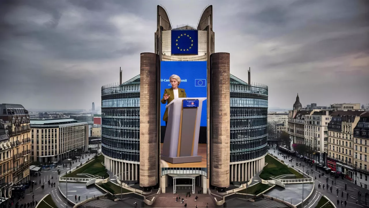 Fotomontaż przedstawiający budynek Komisji Europejskiej w Brukseli (Berlaymont) z banerem Ursuli von der Leyen przemawiającej podczas szczytu UE–Kanada. Realistyczna kompozycja z flagą Unii Europejskiej na szczycie budynku.