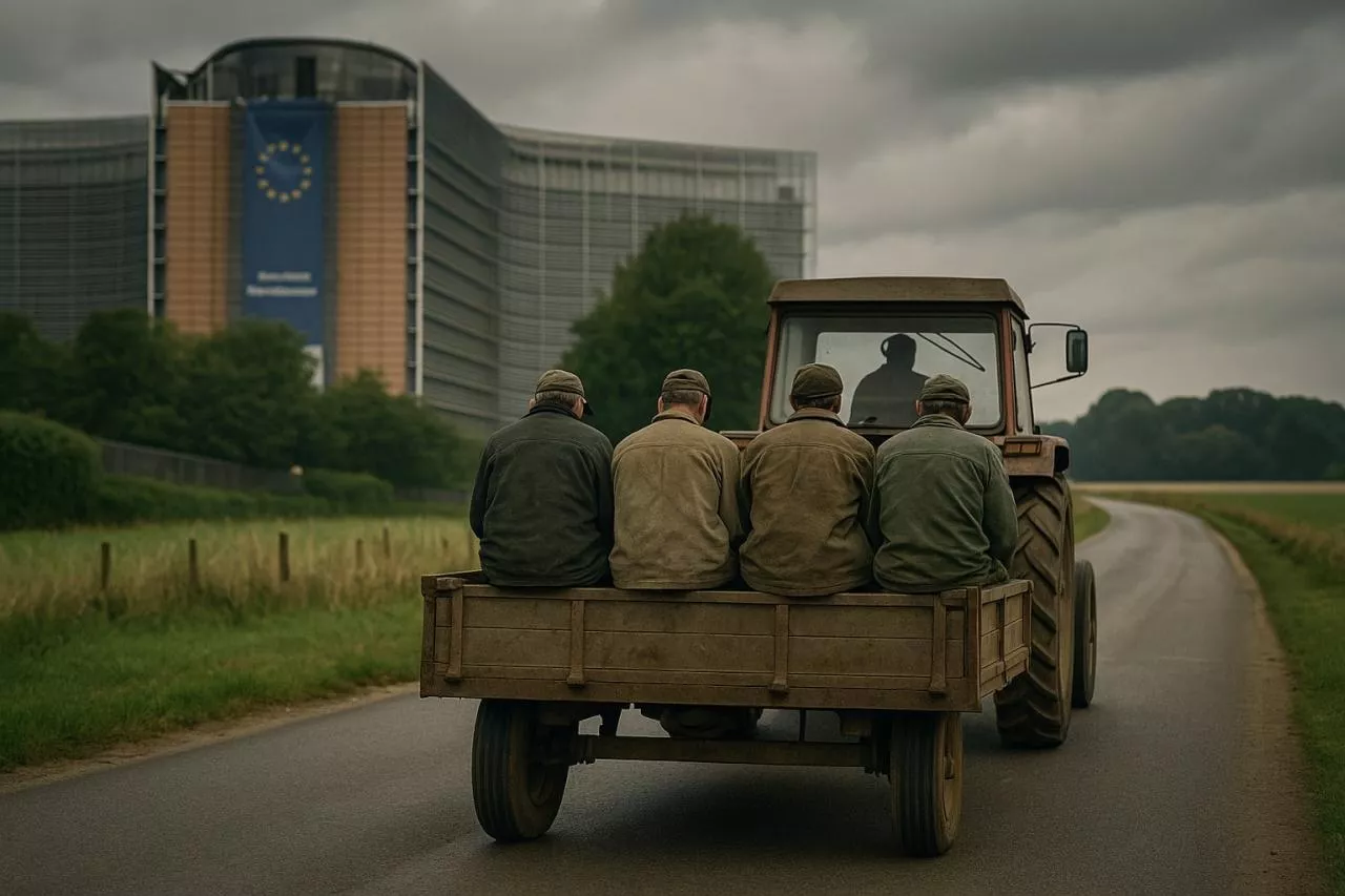 Fotorealistyczna scena przedstawia czterech rolników siedzących na przyczepie ciągnika, który odjeżdża wiejską drogą spod budynku Komisji Europejskiej (Berlaymont) w Brukseli. Budynek widoczny w tle, częściowo zasłonięty drzewami. Rolnicy ubrani są w robocze, przybrudzone ubrania, siedzą ze spuszczonymi ramionami, co symbolizuje zmęczenie i rezygnację. Zachmurzone niebo i stonowane kolory podkreślają melancholijny nastrój sceny. Obraz ilustruje przekaz: Komisja Europejska przerzuca odpowiedzialność za rolnictwo na państwa członkowskie.