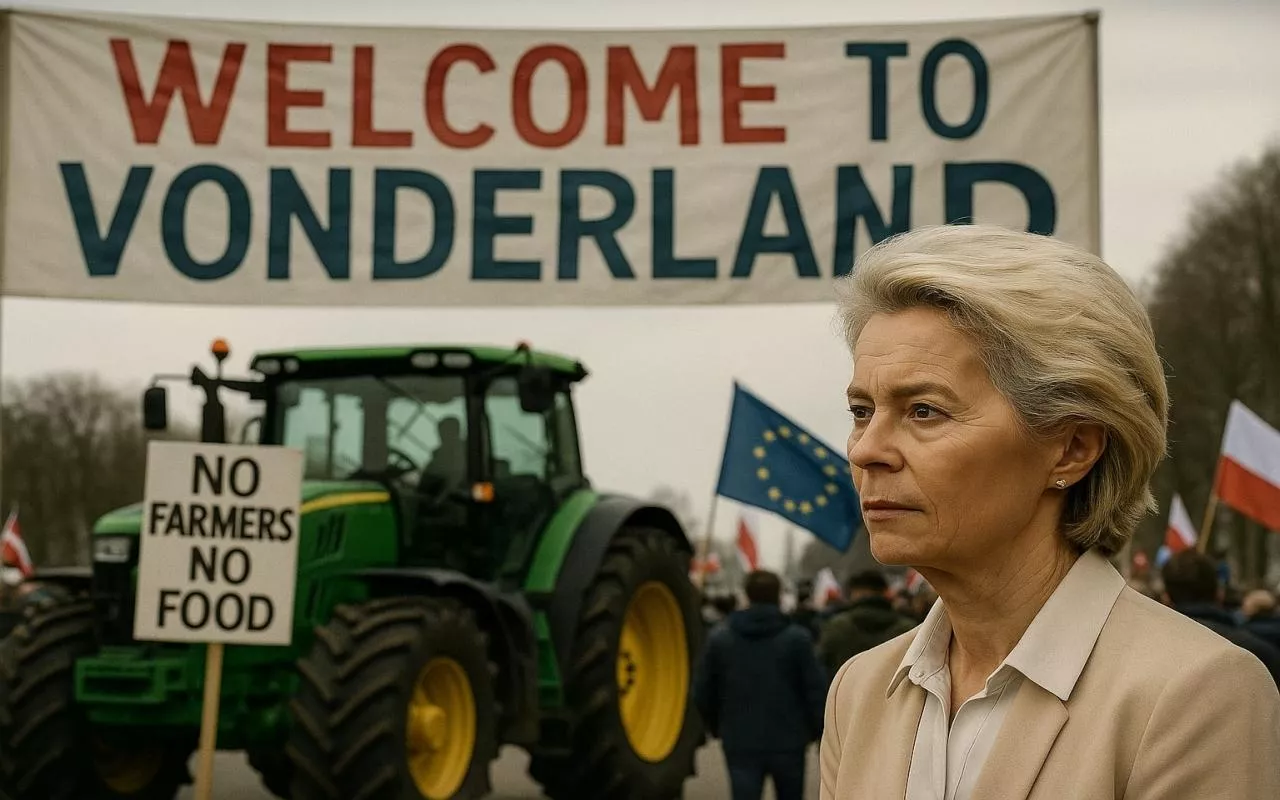 Fotorealistyczna ilustracja przedstawiająca Ursulę von der Leyen wychodzącą z budynku Komisji Europejskiej, z widocznym w tle Parlamentem Europejskim i rolnikami protestującymi z transparentami. Symboliczna scena pokazująca sprzeciw wobec nowego budżetu UE i cięć we Wspólnej Polityce Rolnej.