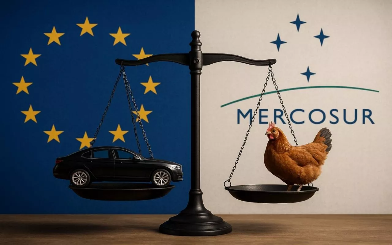 Symboliczne przedstawienie skutków umowy UE–Mercosur: na jednej szali samochód reprezentujący eksport przemysłowy z Unii Europejskiej, na drugiej żywy kurczak symbolizujący import produktów rolnych z Mercosur. Tło tworzą flagi UE i Mercosur.