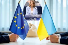 Portret poseł do PE Anny Bryłki na tle symbolicznych flag Unii Europejskiej i Ukrainy. Ilustracja do artykułu o decyzji Komisji Europejskiej, która nie zmieni tekstu nowej umowy handlowej z Ukrainą (DCFTA).