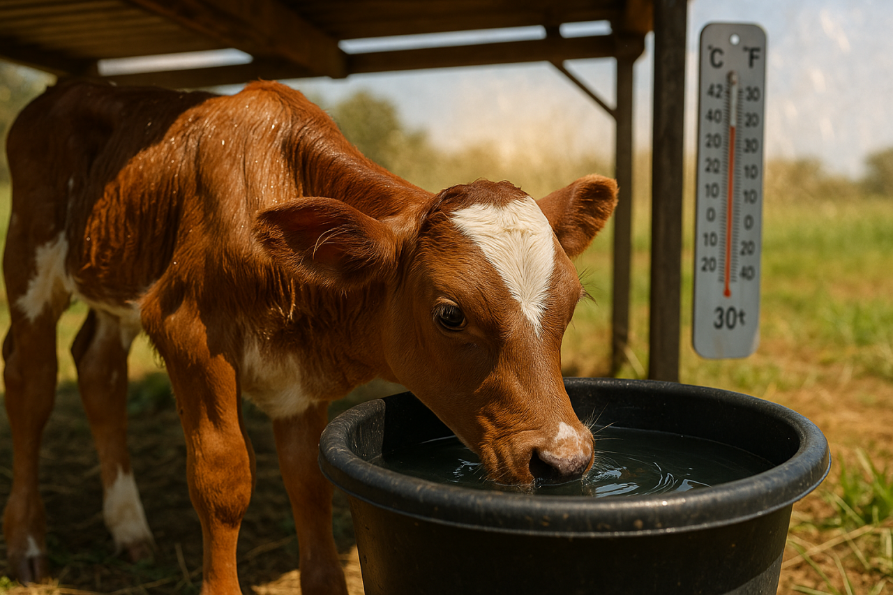 Cielę pije wodę w upalny dzień