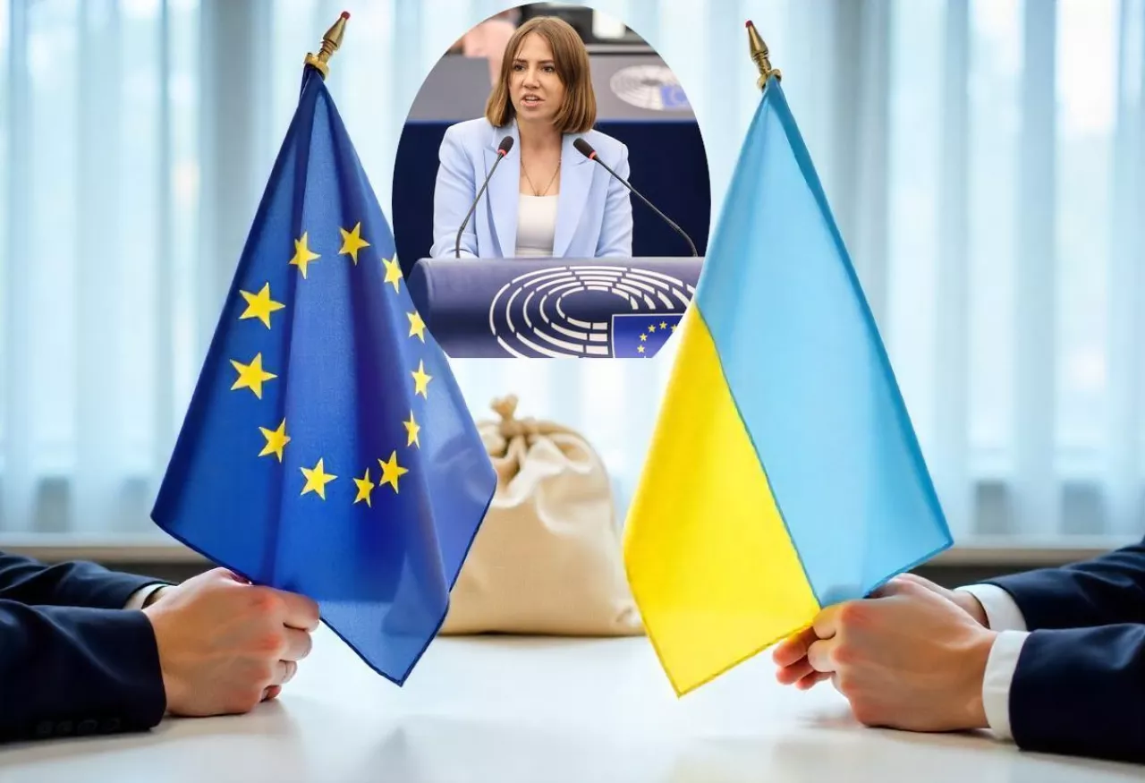 Portret poseł do PE Anny Bryłki na tle symbolicznych flag Unii Europejskiej i Ukrainy. Ilustracja do artykułu o decyzji Komisji Europejskiej, która nie zmieni tekstu nowej umowy handlowej z Ukrainą (DCFTA).