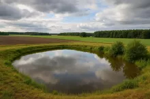 Fotorealistyczny krajobraz rolniczy Wielkopolski z widocznym zbiornikiem retencyjnym, polami i pasem lasu w tle. Grafika do artykułu o działaniach Wielkopolskiej Izby Rolniczej na rzecz uwzględnienia retencji w planach zagospodarowania przestrzennego.