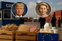 Kompozycja przedstawiająca produkty rolne (zboża, mięso, nabiał) na tle posterunku celnego z flagą USA oraz symbolami Unii Europejskiej. W górnej części widoczne portrety Donalda Trumpa i Ursuli von der Leyen jako autorów przełomowej umowy handlowej znoszącej cła na produkty rolne.