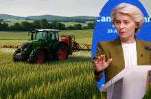 Fotomontaż przedstawiający Ursulę von der Leyen, przewodniczącą Komisji Europejskiej, oraz ciągnik wykonujący zabieg ochrony roślin na polu zbóż w fazie kłoszenia. Obraz użyty w kontekście artykułu o apelu niemieckich europosłów o zmniejszenie biurokracji w rolnictwie.