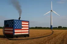 Fotorealistyczne zdjęcie przedstawiające generator dieslowski z flagą USA, połączony grubym kablem z turbiną wiatrową oznaczoną gwiazdami UE. Z rury wydechowej generatora wydobywa się dym, a łopaty turbiny są w ruchu. Oba urządzenia stoją w polu-ściernisku, w krajobrazie rolniczym, co symbolizuje paradoks energetyczny związany z zieloną transformacją i importem energii z USA.