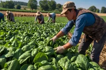 Zdjęcie grupy pracowników sezonowych podczas zbioru szpinaku na polu uprawnym. Naturalne światło dzienne, ujęcie w stylu dokumentalnym, symbolizujące realia sezonowej pracy w rolnictwie Polski i Niemiec.