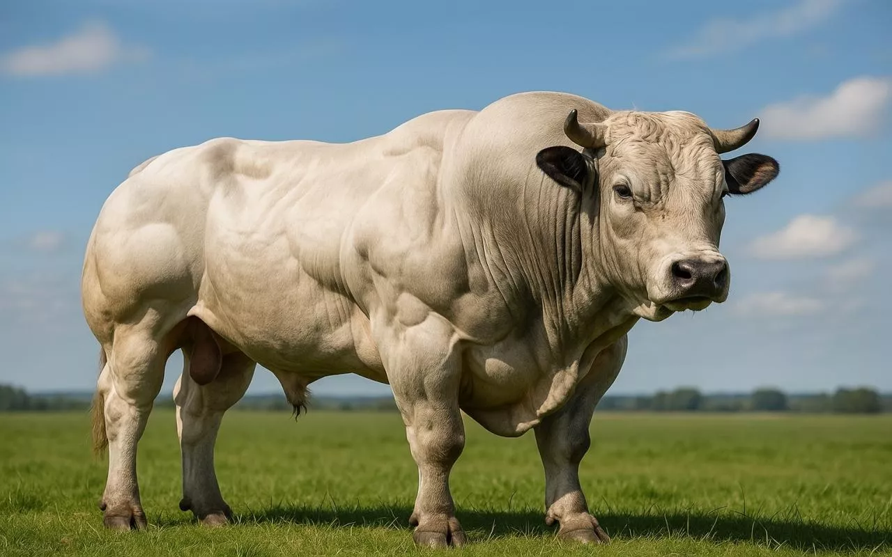 Fotorealistyczne zdjęcie byka rasy Belgian Blue na tle zielonego pastwiska i nieba. Zwierzę wyróżnia się charakterystyczną, silnie rozwiniętą muskulaturą, która jest typowa dla tej rasy, ale jednocześnie wiąże się z wyzwaniami dobrostanowymi, takimi jak trudności porodowe i konieczność cięć cesarskich. Zdjęcie doskonale ilustruje genetyczne cechy omawiane w raporcie EFSA dotyczącym dobrostanu bydła mięsnego w UE.