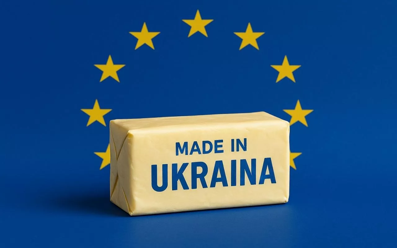 Fotorealistyczne zdjęcie kostki masła zapakowanej w papier z napisem „Made in Ukraina” na niebieskim tle z żółtymi gwiazdami symbolizującymi flagę Unii Europejskiej. Grafika ilustruje temat eksportu produktów mlecznych z Ukrainy do rynku unijnego.