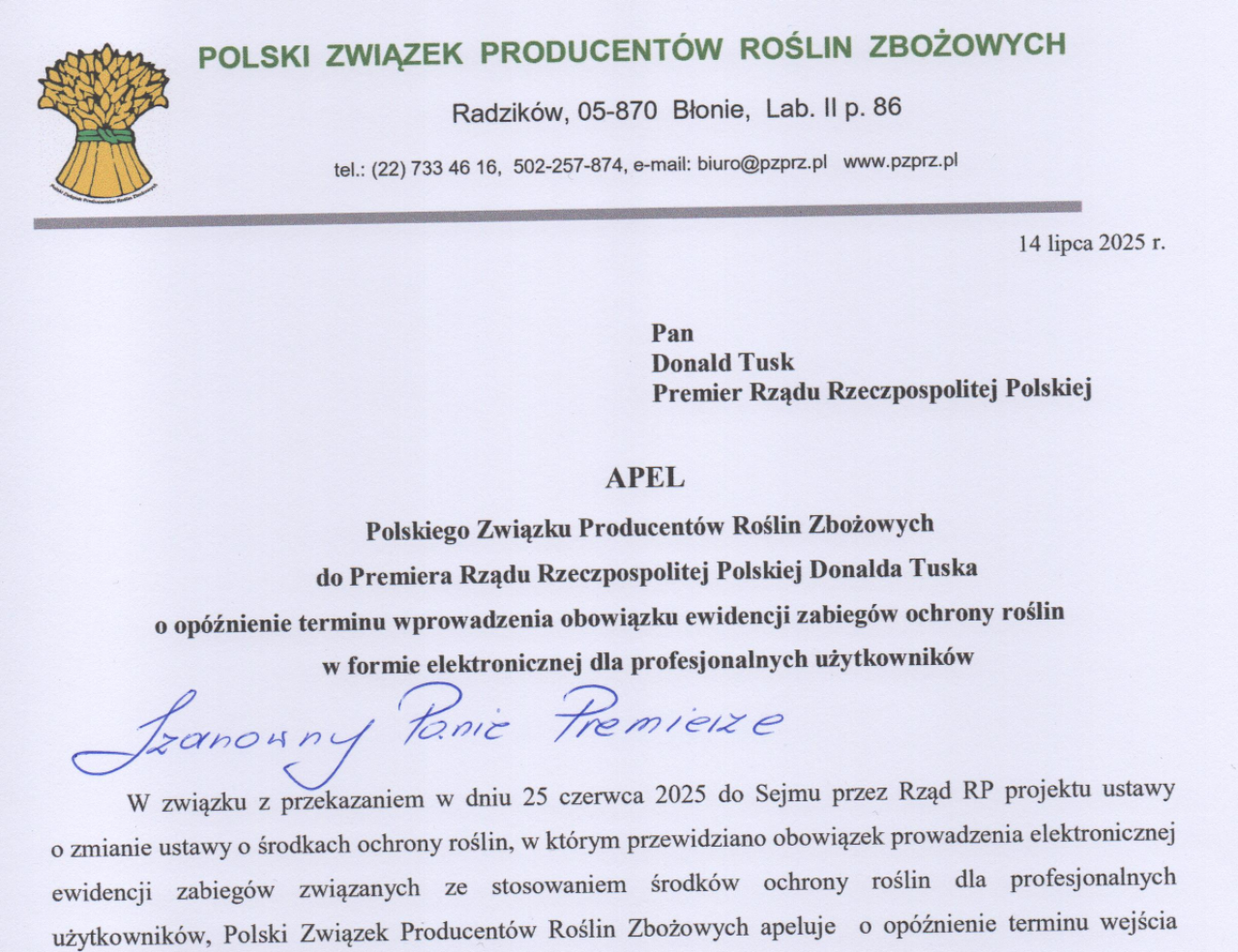 Apel PZPRZ o przesunięcie terminu ewidencji elektronicznej zabiegów ochrony roślin