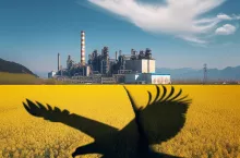 Cień orła nad rzepakiem, a w dali zakład