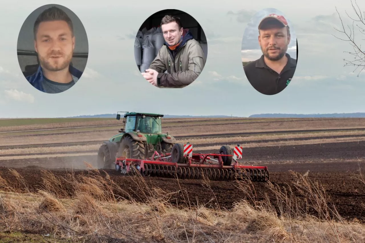 Traktor z kultywatorem pracujący na polu wiosną. W ramkach: Krzysztof Olejnik (OOPR), Łukasz Pergoł (KRIR), Tomasz Ognisty (NSZZ RI Solidarność).