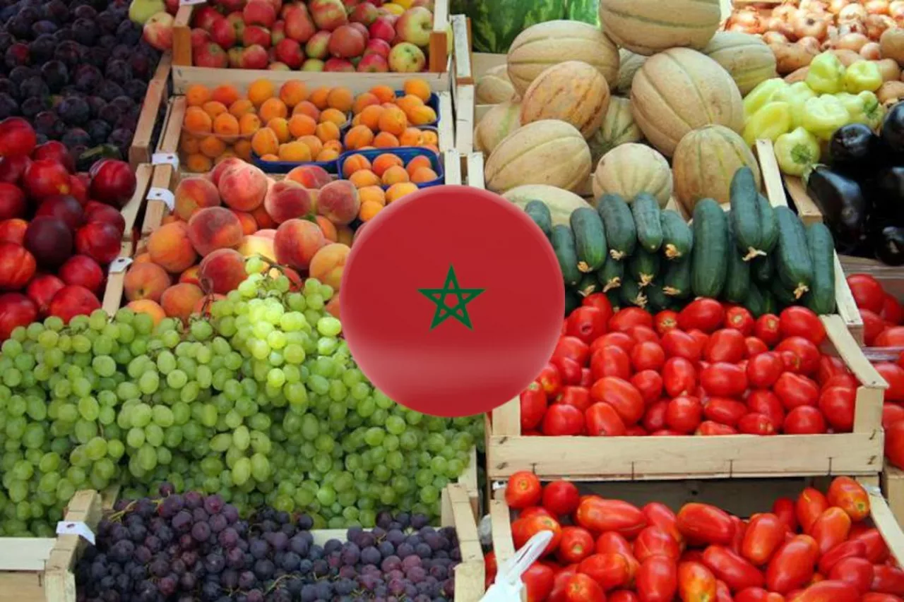 Drewniane skrzynki z warzywami i owocami typowymi dla produkcji w Maroku – pomidorami, ogórkami, papryką, melonami i winogronami. Zdjęcie ilustracyjne, z naniesioną flagą Maroka.