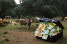 Symboliczna scena przedstawiająca krowy na pastwisku i wypchaną banknotami euro walizkę. Ilustracja do tematów związanych z dopłatami i nadużyciami finansowymi w rolnictwie.