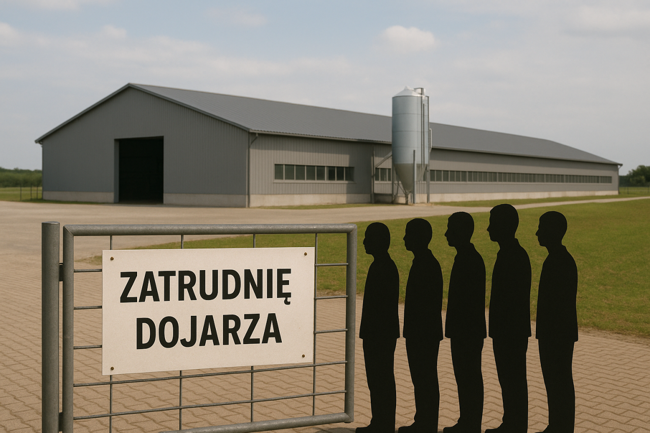 Osoby stojące przed ogłoszeniem ”zatrudnię dojarza” koło obory