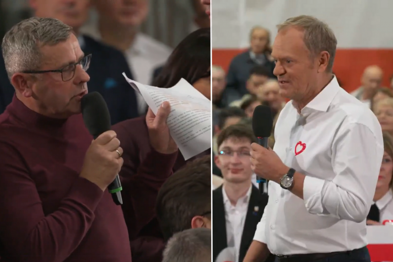 Janusz Terka, producent trzody chlewnej, (po prawej) oraz Premier Donald Tusk (po lewej) podczas spotkania premiera z mieszkańcami Piotrkowa Trybunalskiego