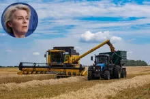 Rozładunek zboża z kombajnu do przyczepy traktora podczas żniw na polu.