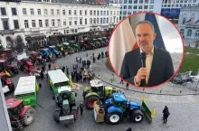 Bruksela protest rolników, na tle postać europosła Krzysztofa Hetmana