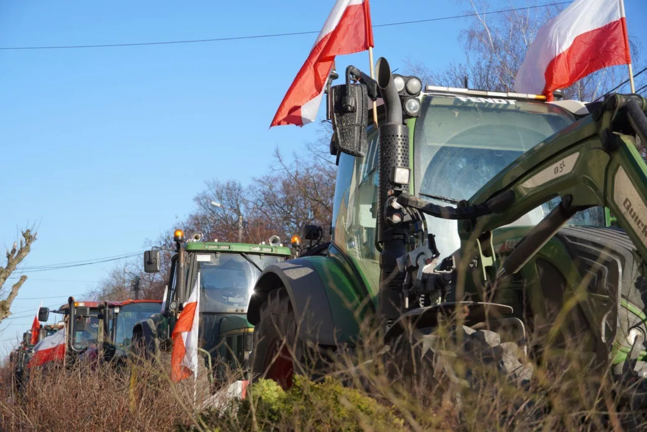 ciągniki jadące na protest z flagami Polski
