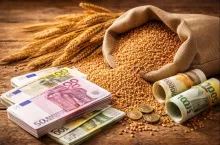 Worek zboża oraz banknoty euro jako ilustracja handlu zbożem i przepływów finansowych na rynku rolnym.
