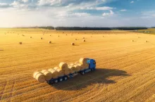 Ciężarówka przewożąca bele słomy przez pole po żniwach na Ukrainie