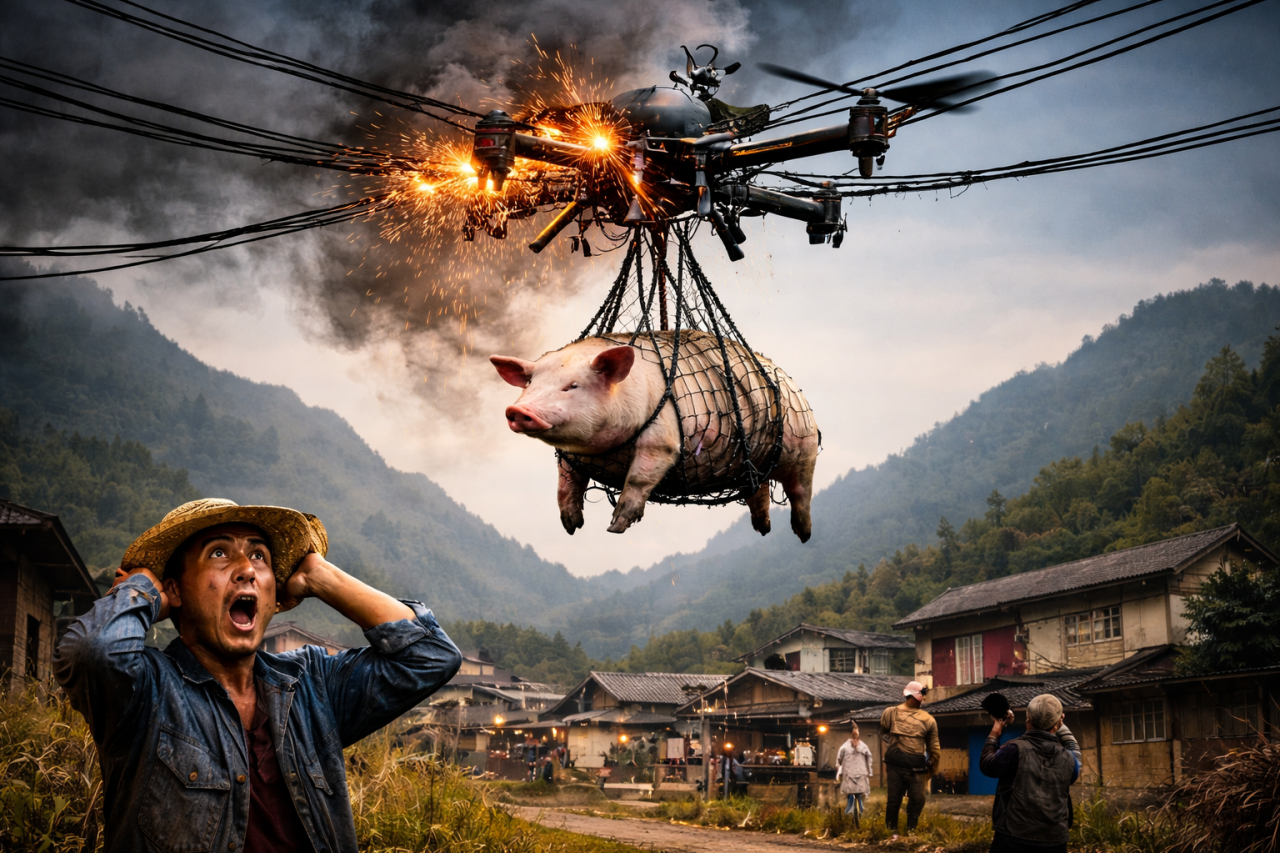 Dron przenoszący świnię nad wsią wisi zaplątany w linii energetycznej, rolnik patrzy z przerażeniem.