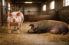 Dwa knury w chlewni na ściółce ze słomy – po lewej stoi jasny knur rasy Pietrain, po prawej leży ciemny knur rasy Duroc, w tle widoczne boksy i okna budynku.