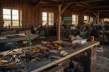 Warsztat rolniczy w drewnianym budynku – na dużym stole leżą narzędzia i części, w tle widać maszyny oraz sprzęt do naprawy sprzętu rolniczego.