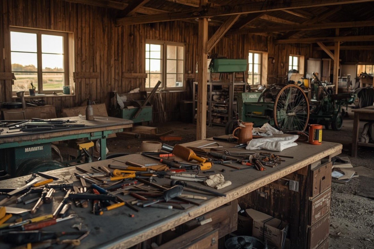 Warsztat rolniczy w drewnianym budynku – na dużym stole leżą narzędzia i części, w tle widać maszyny oraz sprzęt do naprawy sprzętu rolniczego.