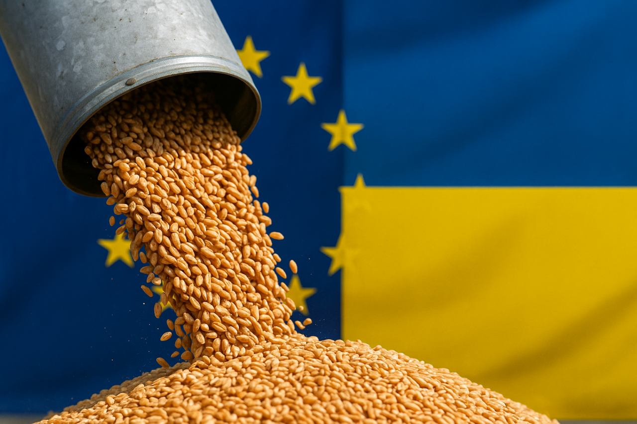 Strumień ziaren zboża przed flagą Unii Europejskiej i Ukrainy.