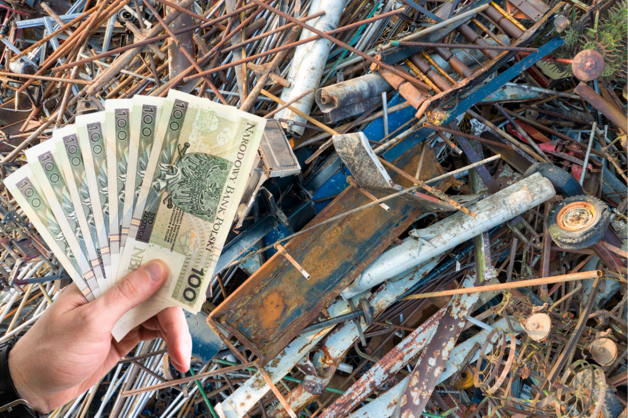 Złom metalowy na skupie – na tle prętów i elementów stalowych dłoń trzyma banknoty 100 zł, symbolizujące ceny złomu.