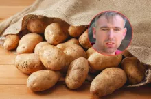 ziemniaki, a na ich tle twarz rolnika, Szymona Ręcławowicza