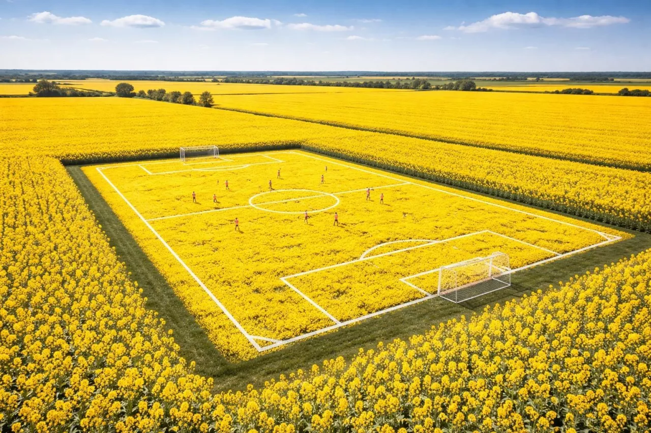 Boisko piłkarskie z rzepakową murawą