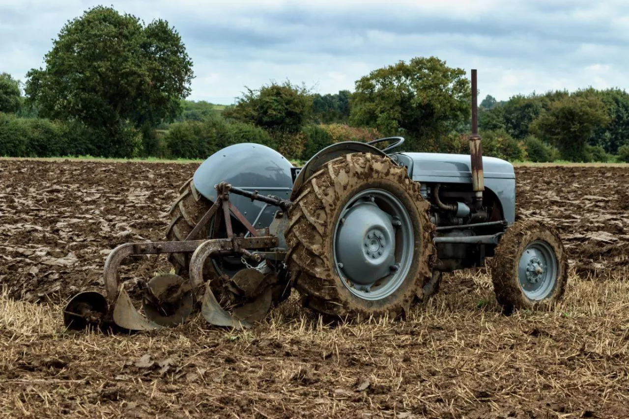 Ciągnik Ferguson TE20 z pługiem na polu. Zdjęcie ilustracyjne do tematu przyszłości dopłat bezpośrednich po 2032 r., w tym propozycji wyłączenia rolników-emerytów ze wsparcia dochodowego w ramach nowej WPR.