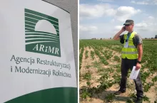 kontroler na polu. Po lewej stronie logotyp Agencji Restrukturyzacji i Modernizacji Rolnictwa -- symboliczne ujęcie kontroli gospodarstw rolnych przez ARiMR