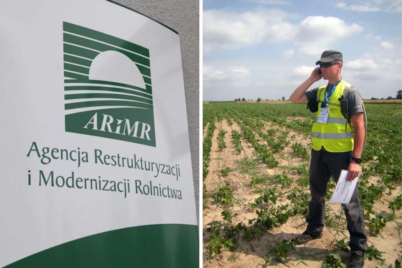 kontroler na polu. Po lewej stronie logotyp Agencji Restrukturyzacji i Modernizacji Rolnictwa -- symboliczne ujęcie kontroli gospodarstw rolnych przez ARiMR