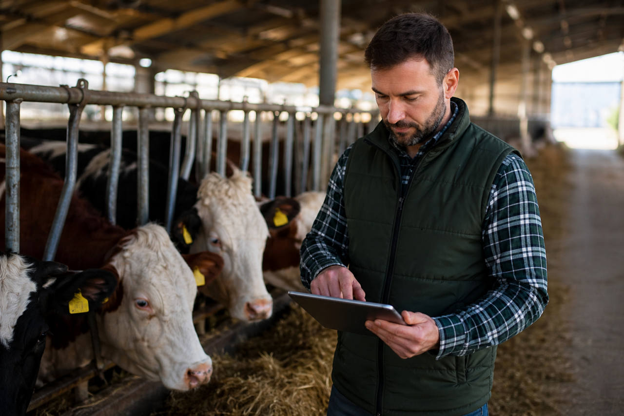 tablet, obora AI, krowy