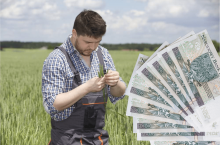 młody rolnik na polu, z prawej polskie banknoty