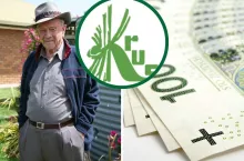 rolnik, logo KRUS i polskie banknoty 