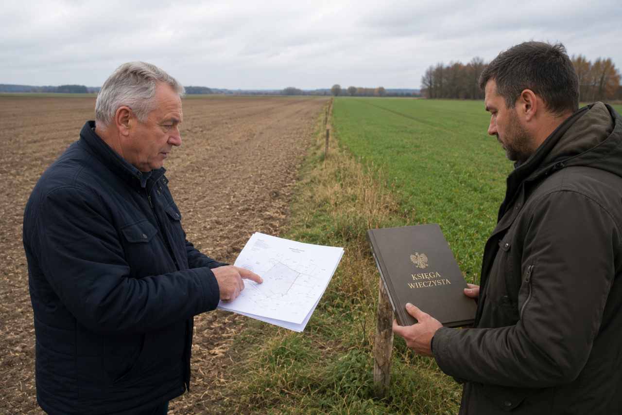 Dwóch mężczyzn z papierami stoją na polu