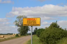 Tablica informująca o obszarze zagrożonym ASF koło drogi gminnej